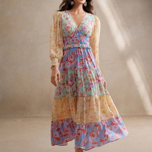 Blue Boho Women's V-Neck Lantern Sleeve A-Line Patchwork Dress - Picture 6 of 7